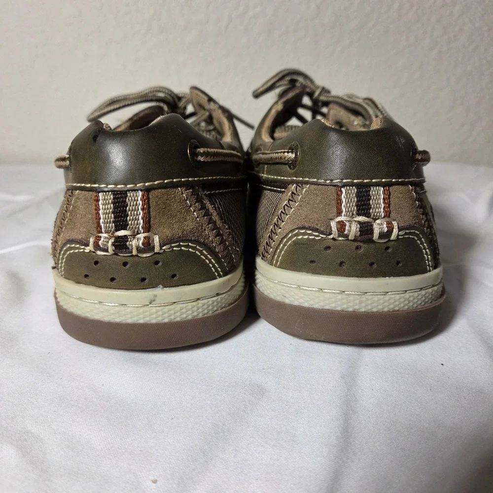 Margaritaville Mens Boat Shoes Olive Green Leather Textile Loafers Size 10 S1592